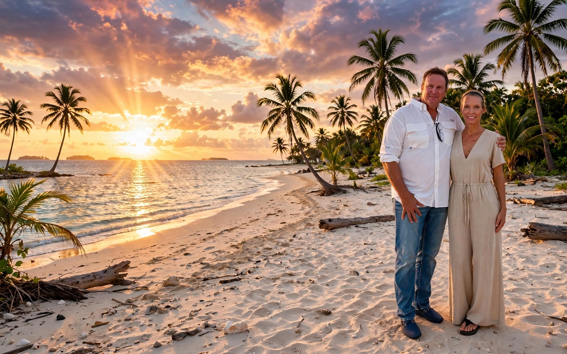 Mark and Jill together on a tropical beach at sunset