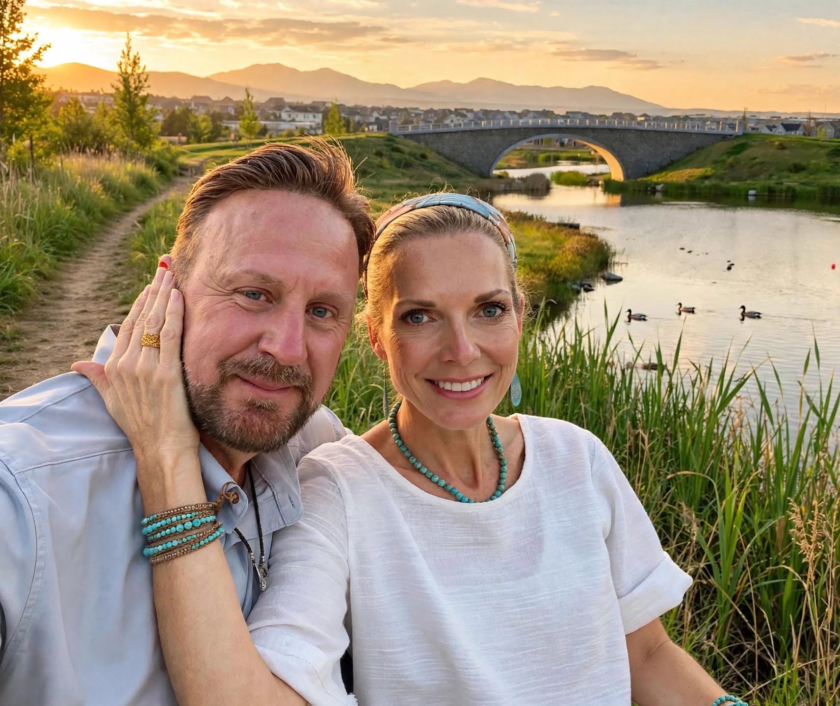 Mark and Jill together beside the water at sunset