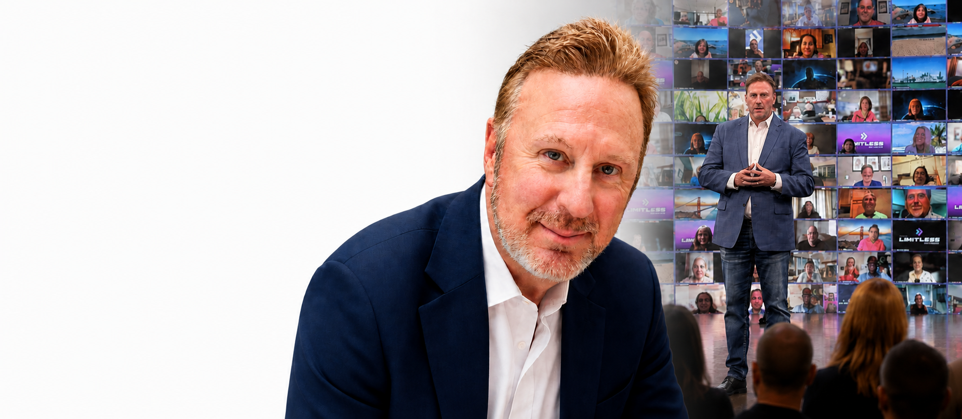 Mark Ewell leaning forward, with a speaking event behind him