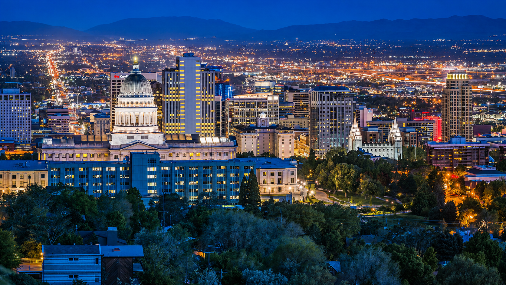 Utah city skyline at blue hour